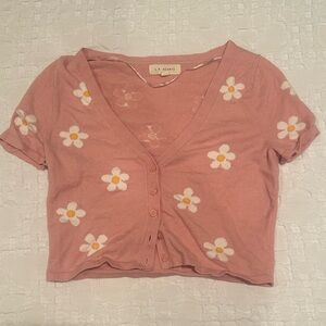 LA hearts pink flower cropped button up sweater top